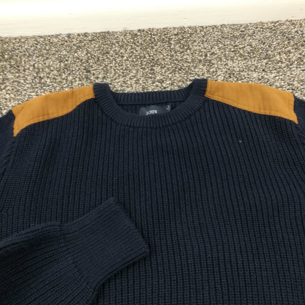J Crew Sweater Ribbed Cotton Military Shoulder Patches Blue Mens Medium